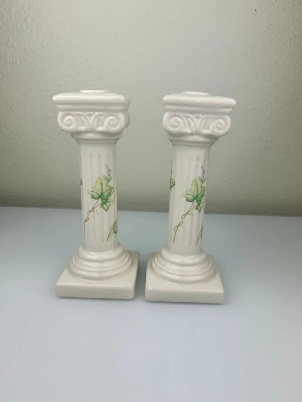 Belleek Classic Ivy Column Taper Candlesticks Ireland Ceramic Green Mark Home